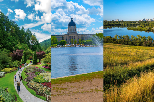 Split image depicting Victoria, Fredericton and Regina, the capital cities of British Columbia, New Brunswick and Saskatchewan respectively.