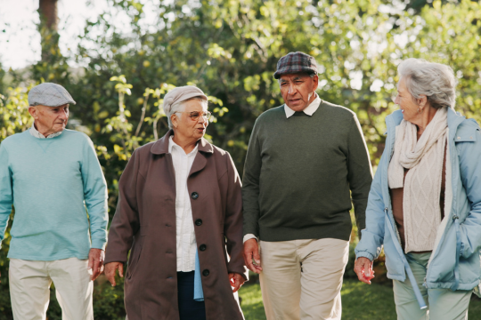 Group of smiling seniors outdoors.