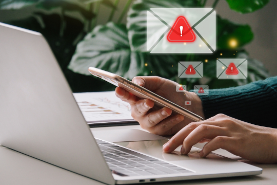 Close-up on mobile phone and laptop with fraud warnings.