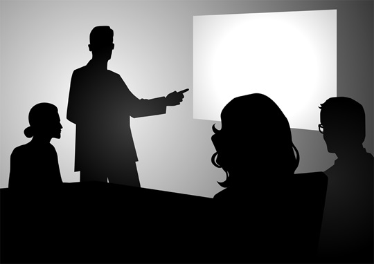 Silhouette illustration of people having a meeting.