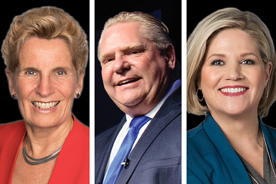 Liberal Leader Kathleen Wynne, Progressive Conservative Leader Doug Ford (photo credit Jared Ong) and New Democratic Party Leader Andrea Horwath.